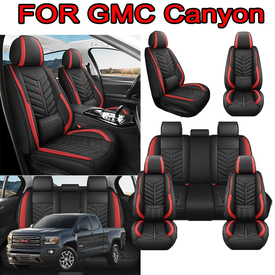 Black-Red PU Leather Durable Stitch Look Truck Seat Covers for GMC Canyon - Easy-Install Automotive Interior Cushion, Seat Protector, Backseat Covers (Business Use), Seat Covers For Trucks