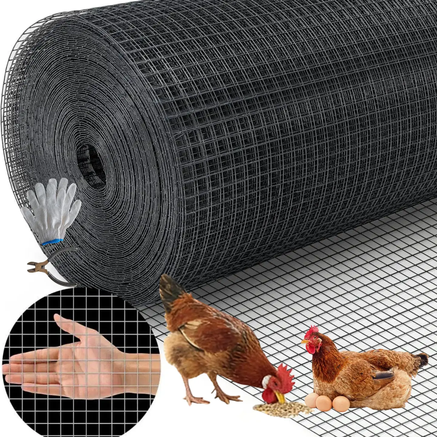 48in x 100ft Black Hardware Cloth 1 inch 19Ga PVC Coated Wire Mesh Vinyl Coated Fence  with Snips/Gloves, Welded Metal Chicken Wire Fencing Roll, Garden Plant Fencing, for Chicken Coop and Home Improvement