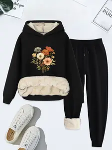 Women's Floral Print Hoodie Set, Casual Thick Fleece Pullover & Sweatpants, Fall Winter Loose Fit, 2 Piece Set