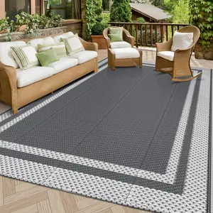 Outdoor Rug Reversible Portable Plastic Straw Camping Rugs for Outside RV,Large  Outdoor Area Rugs for Patio,Deck,Porch,Balcony(5'x 8',White&Gray)