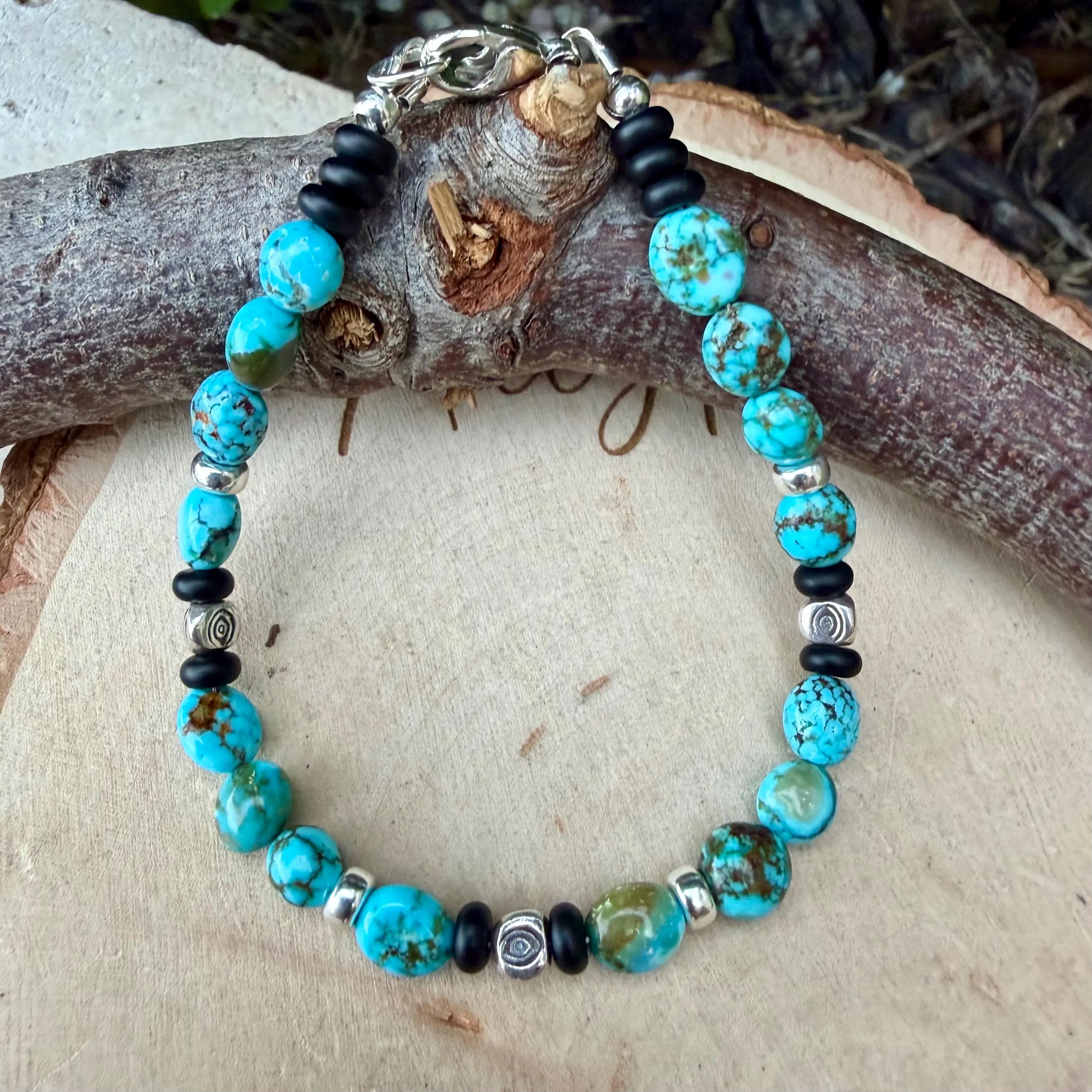 Kingman Turquoise Nugget Bracelet • Black Onyx • Sterling Silver • Evil Eye or Feather Charm