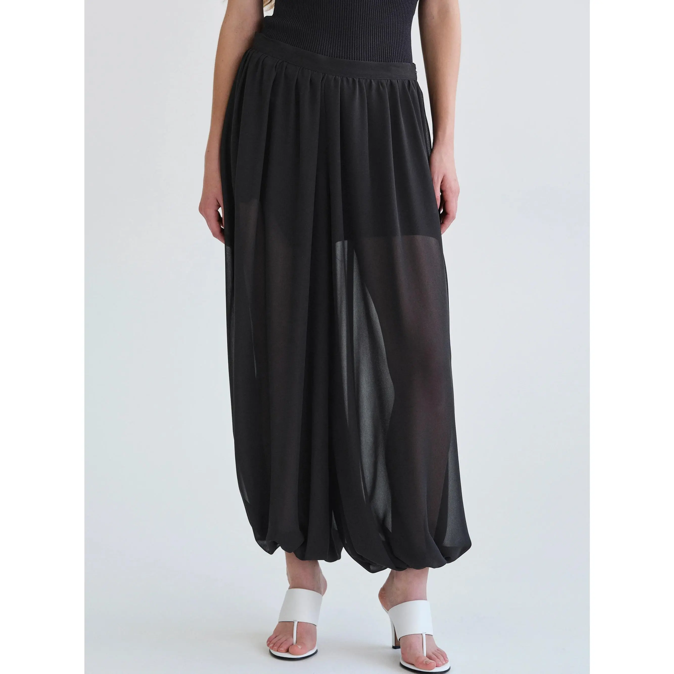 Women's Lantern Trousers, Solid Sheer Mesh High-Waist Polyester Party Bottoms for Office or Casual Wear, Bottom, Lady, Clothes, Loose Pants, Elastane, Polyester Blend, Lantern Cut, High-Waisted, Elastic, Size S/M/L
