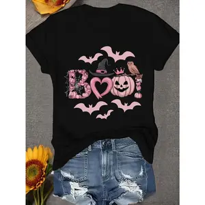 Spooky - chic Tee for Halloween: Adorable "BOO!" Graphic with Bat and Pumpkin Elements
