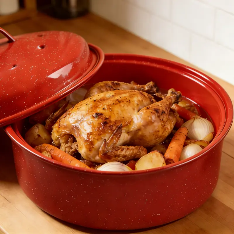 8.7-Inch Small Covered Round Roaster, 3Lb Capacity – Mini Roaster Enamel Steel Cookware, Dishwasher Safe & PFOA-Free, Even Heat Distribution for Poultry, Meat, Vegetables (Speckled Black)