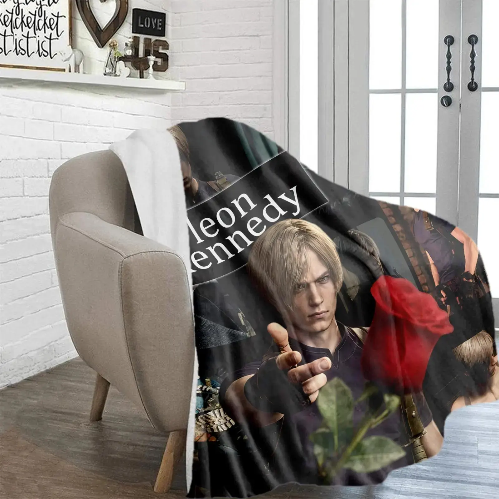 Leon S. Kennedy Blanket, Resident Evil 4 Remake Themed Soft Flannel Throw Blanket, 3D Printed Leon Kennedy Rose Collage Design Warm Cozy Blanket for Bed Couch Sofa, Perfect Gift for RE Fans