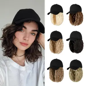 Lansigreen Baseball Cap Hair Extensions Cap Wig Adjustable 9inch Short Wavy Curly Synthetic Hairpiece with Black Cap for Women Daily Party Summer Style