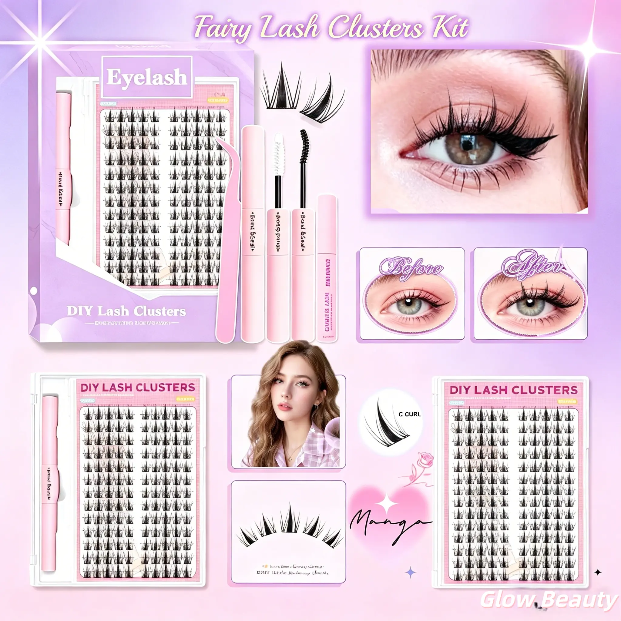 Lash Clusters Manga Lash Clusters Kit with Clear Lash Map Layout, Wet-Look Spiky Anime Lashes Pack C Curl ,Fairy Lash Clusters Kit ,Left & Right Eye Separated Individual Lashes,Mixed Length 11-15mm Cluster Eyelashes for Home DIY Lash Extensions
