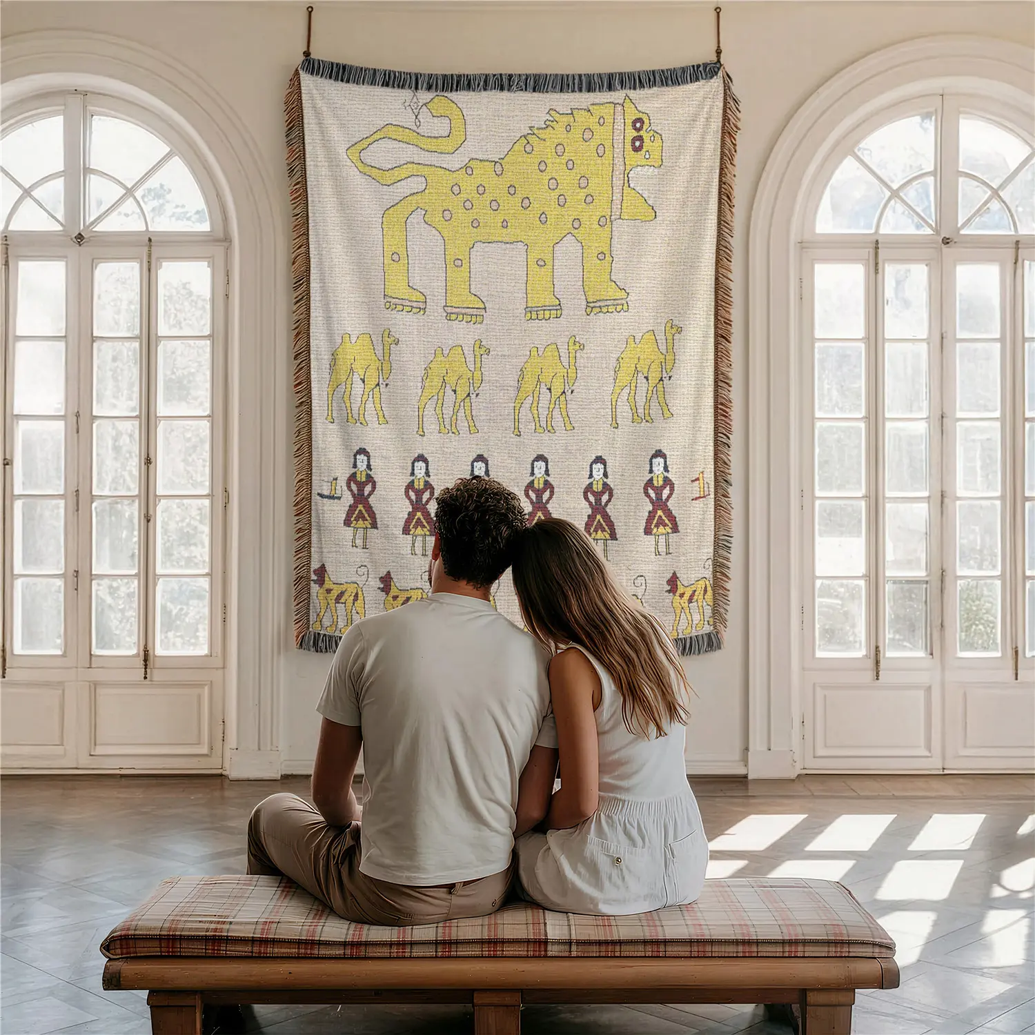 Tribal Lion Pattern Home Decor Yarn Woven Wall Art Tapestry for Bedroom Dorm Living Room- with Fringe Tassels Not Printed - Multipurpose Design Soft Boho H Chair Couch Bed Cover Throw Towel Slipcover Travel Garden Outdoor Camping Picnic Beach