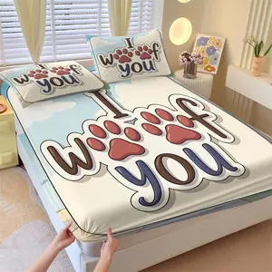 Pet Theme Fitted Sheet Set & 2 Coreless Pillowcases, Animal Paw Print & I Woof You Text Mattress Protector, Soft Anti-Slip Wrinkle-Resistant Bedding, Pet Family Bedroom Decoration Gift Selection