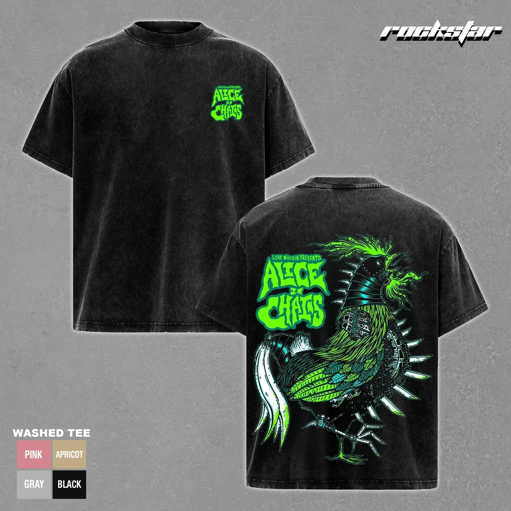 Alice in Chains Live Nation Neon Rooster Vintage Washed Black T-Shirt Oversized Graphic Tee Rock Band Merch Distressed Heavyweight Cotton Shirt Men Women Streetwear Concert Retro Y2K Fashion