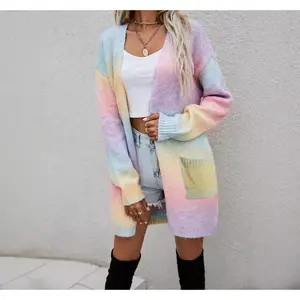 2025 Winter European and American Sweater Rainbow Tie-Dye Mid-Length Loose Cardigan Women's Knitwear Coat