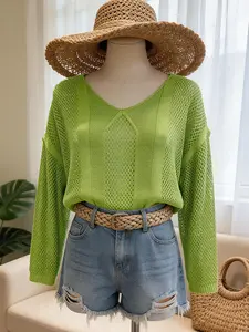 Boho Vacation Style Women's Plus Size V Neck Pullover Long Sleeve Hollow Out Hoodie, Perfect for Vacations or Daily Layering