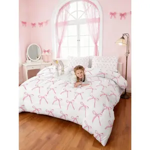 Cartoon Bowknot Kids Comforter Set,Pink Bow Tie Butterfly Knot Princess Bedding Set,Girls Women Room Decor,Watercolor Bow Patchwork Down Comforter,Pink White Duvet Insert