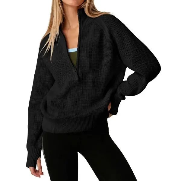 Fisoew Womens Quarter Zip Pullover Sweaters Waffle Knit Long Sleeve Tops | Thumb Hole, Collared, Half Zip, Casual, Ribbed Sweatshirts, Loose Fit, V-neck, Fall Winter Fashion Outfits 2026, Jumper,clothes for back to school,first day of school outfits