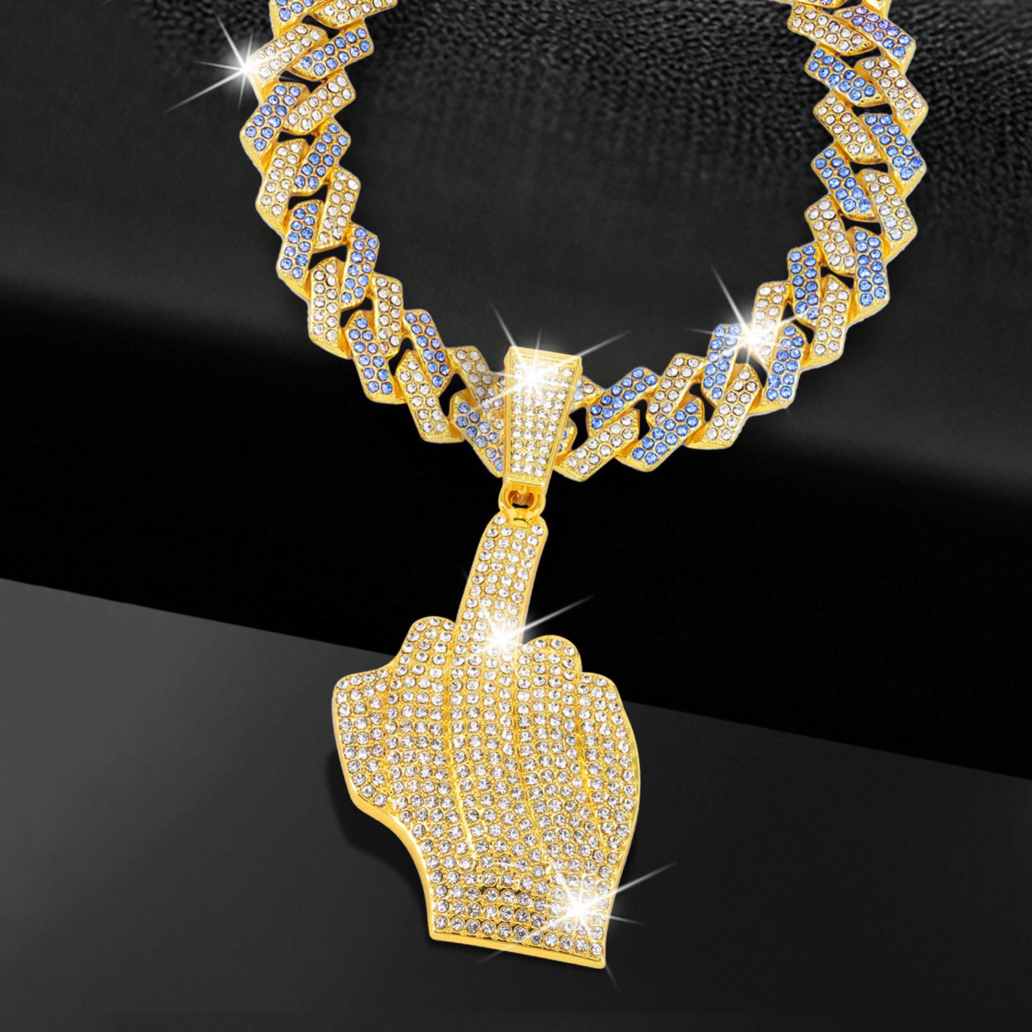 Rhinestone Middle Finger Pendant with Flip-up Diamond-shaped Necklace Silver Gold Plated Bling Necklace Miami Diamond Pendant Necklace, Iced Out Hip Hop Jewelry Gift for Men Women Birthday Christmas Costumes Daily Decoration
