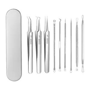 Fecong Stainless Steel Blackhead Removal Kit, Acssart Tweezers, Blackhead Extractor, Pore Cleaner Tool, Gentle and Easy to Clean (9PCS Silver)