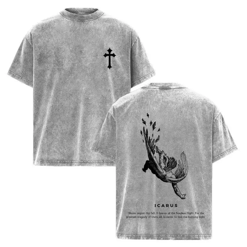 Wings of Faith – Icarus Oversized Acid Washed Christian T-Shirt, Vintage Washed Heavy Cotton Faith Streetwear, Christian Clothing, Soft Feel Daily Wear, Faith Gift Tee