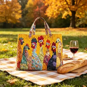 Boho Digital Printed Quilted Tote Bag Commuting LeisureBirthday Gift Fun Chicken Tote Bag,Cute ChickenPatchwork Tote,Quilted Fabric Shoulder Bag For Grocery,Travel & Gifts