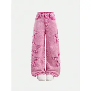 Tween Girls Y2K Fashion Pink Washed Star Patched Faded Frayed Boyfriend Baggy Straight Leg Denim Jeans With Star Applique, Girl's Clothing Streetwear Outfits