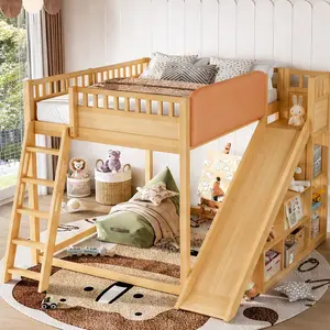 ARCH Full Size Loft Bed - Upholstered Headboard, Solid Pine Wood, Natural Finish, 78.90" w x 72.40" d x 67.00" h, 198.42 lb Capacity, Ample Storage Shelves, Ladder, Slide, Child-Friendly Safety Rails, Bedroom Multi-Functional Kids Bed Frame, Easy Assembly