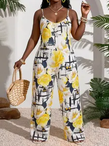 Plus Size Women's Floral Print Halter Romper, Loose Fit Wide Leg Casual Summer Set, Pocket Design, Comfortable and Stylish