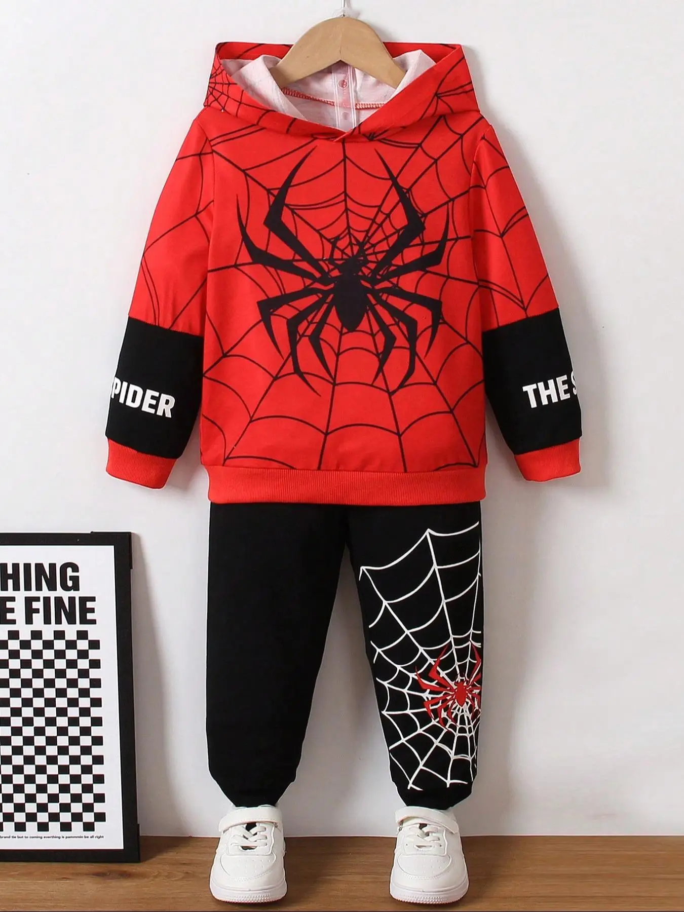 Two-Piece Set Boy's Spider Print Hoodie & Pants Set, Casual Long Sleeve Hooded Pullover & Jogger Pants for Fall & Winter, Kids Clothes for Daily Wear