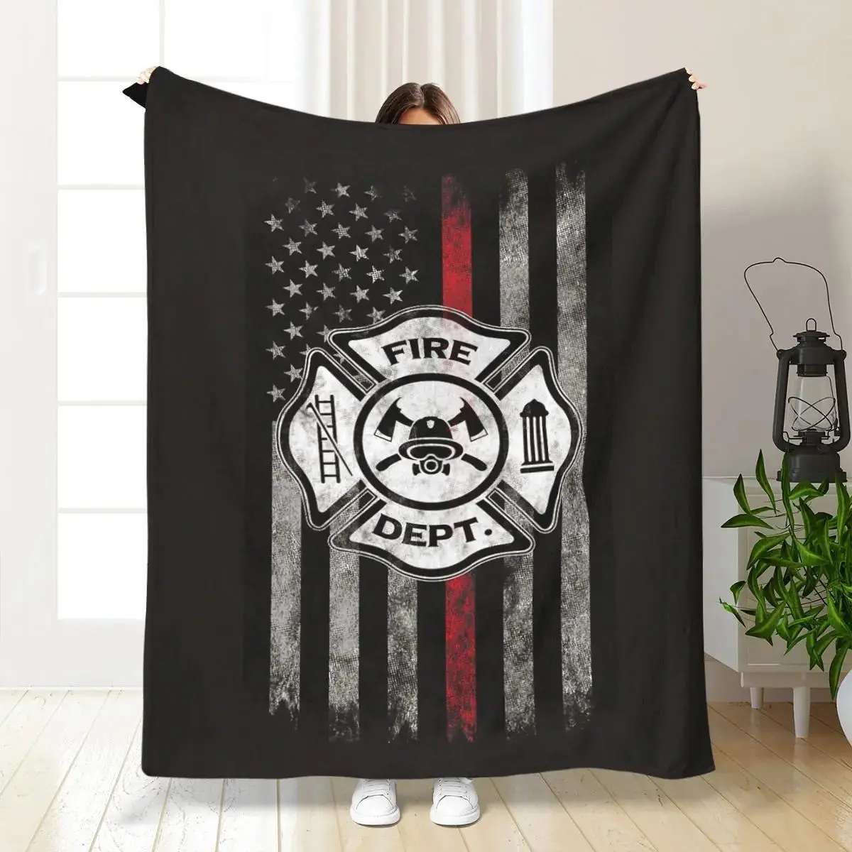 Patriotic Flannel Blanket Digital Print Firefighter Badge Memorial Throw Soft Comfortable Home Office Travel Camping Use Bedding Essentials