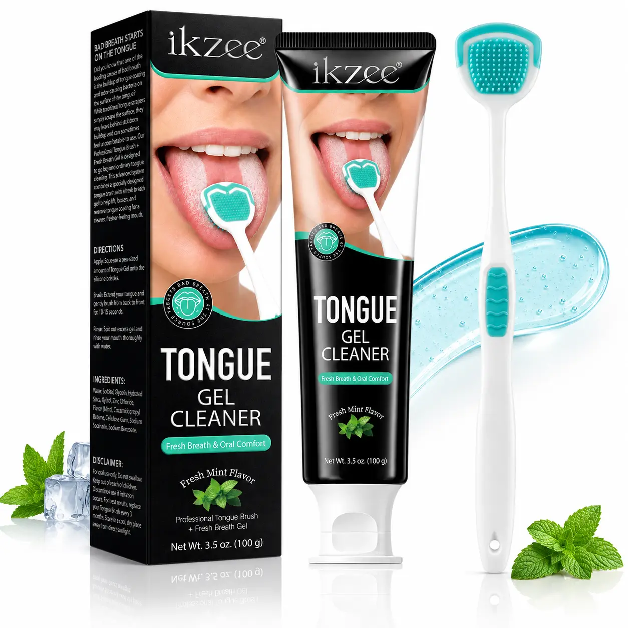 ikzee Tongue Cleaner Kit with Gel and Silicone Brush, Mint Fresh Breath Oral Care Set, Gentle Tongue Cleaning Tool for Adults Daily Mouth Care Routine,100g