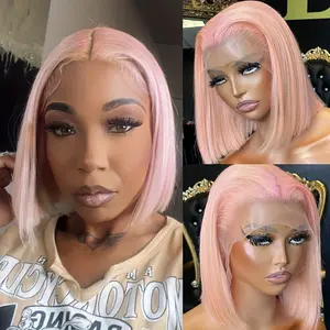New 2025 Arrivals 150% Density Light Pink Bob Wig for Women - Brazilian Virgin Human Hair, Glueless Transparent Lace Front (13x4x1), Short Straight Style, No Skill Needed, Elegant & Versatile Look, Hair Wig
