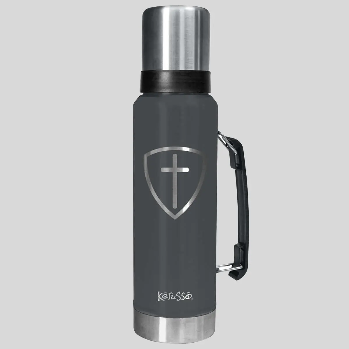 Kerusso 42 oz Stainless Steel Magnum Vacuum Flask - Wide Mouth Drinkware with Etched Cross Shield Design, Rugged Build and Secure Lid, 42Oz