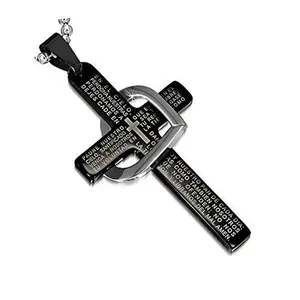 My Daily Styles Stainless Steel Black Letter Print Cross Charm Black Medallion Necklace - Heart-Shaped Lord's Prayer/Padre Nuestro Pendant with 24-Inch Chain for Daily Wear