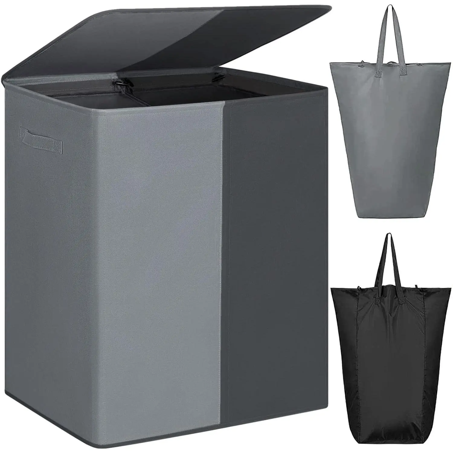 Double Laundry Baseket with Lid and Removable Laundry Bags,154L Large Laundry Hamper 2 Section Collapsible Dirty Clothes Hamper for Laundry Room,College Dorm,Bathroom, Black and Grey