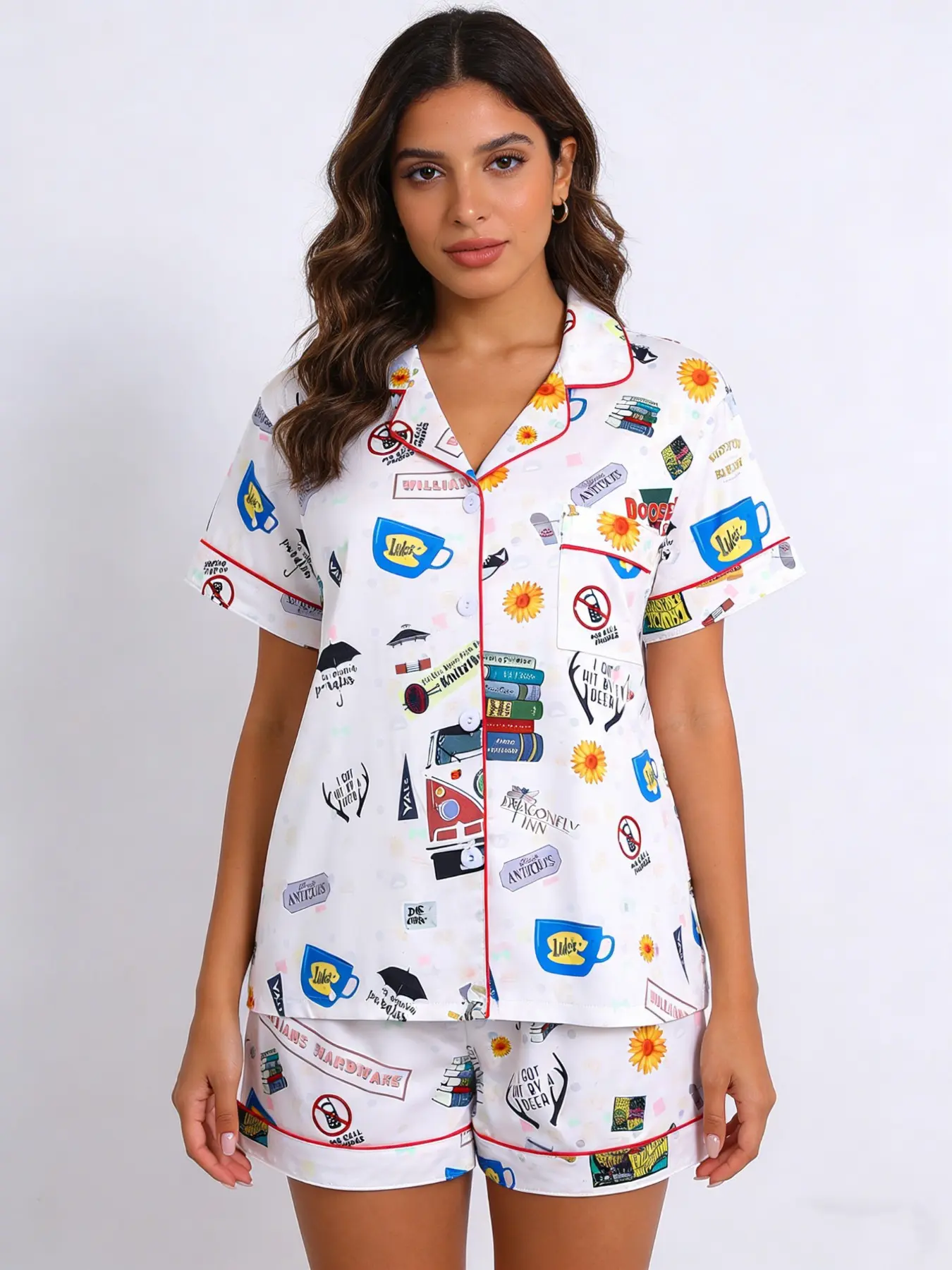 2-Piece Women's Sleepwear Loungewear Pajama Set, Office Wear Printed Short Sleeve Shorts, Casual Fitted Top with Small Pocket, Elastic Waistband