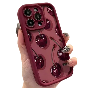 Fashionable Burgundy Red Base Large Cherry Pattern Soft TPU Shockproof Anti-Fall Full Coverage Phone Case, Compatible With IPhone 17/17 Air/17 Pro/17 Pro Max/16/16 Plus/16 Pro/16 Pro Max/15/14 Plus/13/12/11, S25/S25 Plus/S25 Ultra/S24/S23/S22/S21/A55/