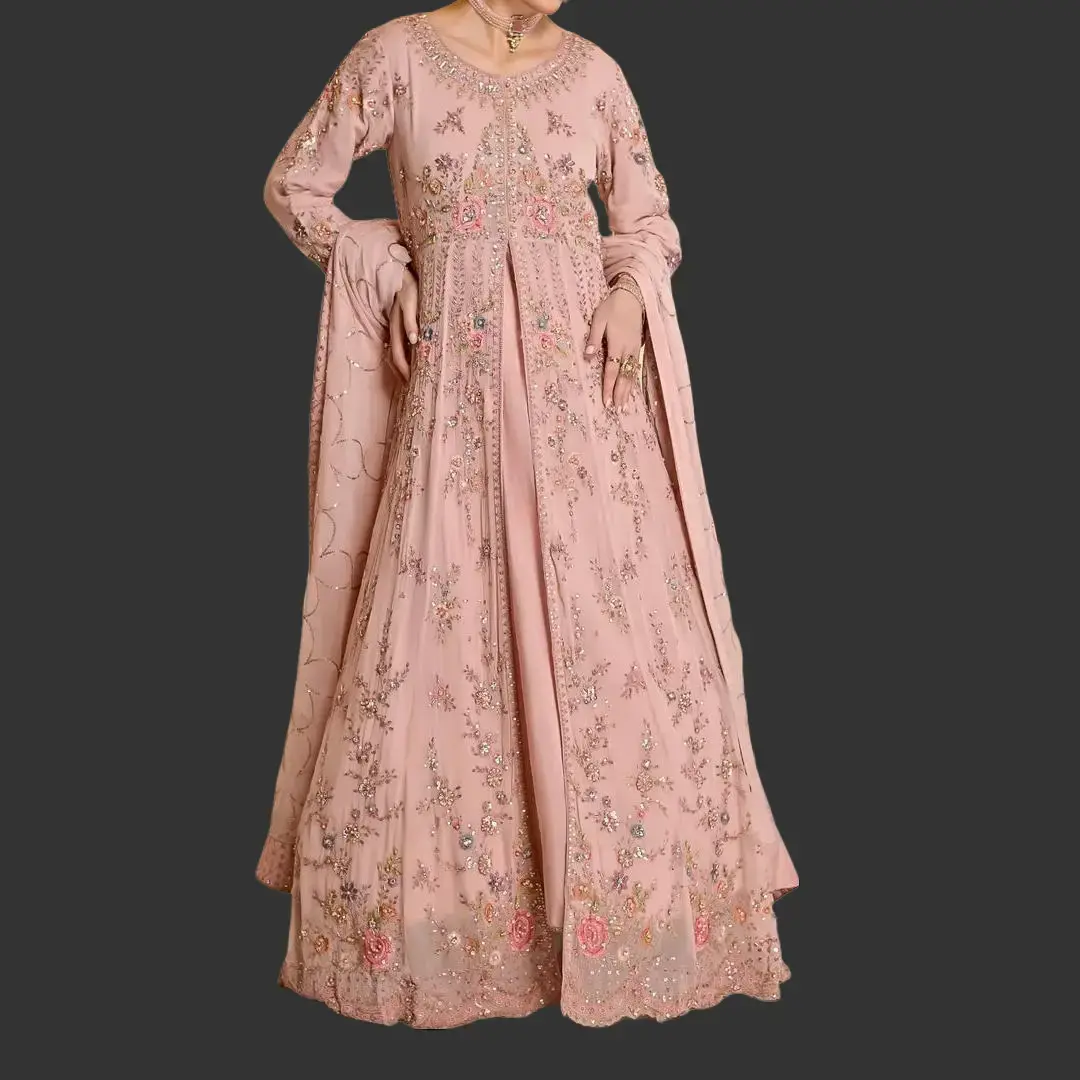 Women's Pakistani Golden Viscose Shalwar Kameez - Soft Long Sleeve Chiffon Anarkali Long Frock with Embroidery, Elegance-Focused Festival Wedding Formal Gown, Style, Lady, Traditional, Embroidered