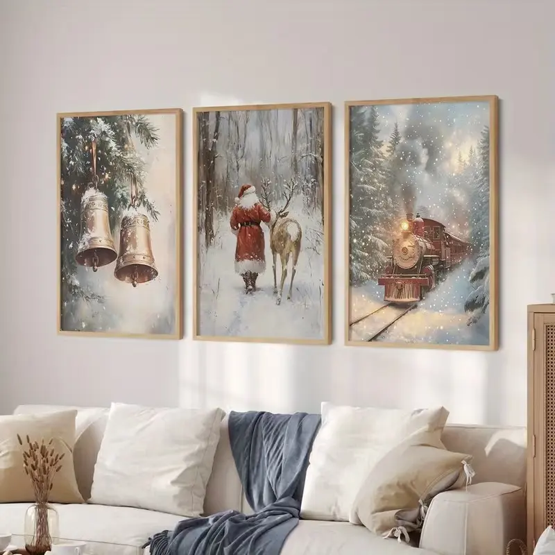 Vintage Christmas Landscape Poster, Snowy Forest Train Print, Rustic Santa Decor, Unframed Holiday Art