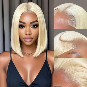HaloQueen 613 Blonde Bob Wig Human Hair 13x4 HD Transparent Lace Front Wigs Pre Plucked with Baby Hair 12 Inch 180% Density Straight Frontal Lace Wigs for Women Halloween
