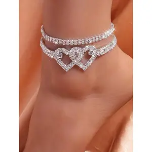 Elegant Rhinestone Heart Dainty Layered Anklet Set, Sparkling Water Diamond Design, Perfect for Women's Evening Parties & Casual Wear, Fashion Jewelry Accessory