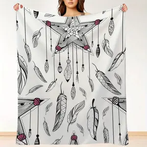 1 Piece Bohemian Star and Feather Pattern Blanket - Soft Plush Four Seasons Comfort Blanket, Suitable for Living Room, Bedroom, Sofa - White with Black and Pink Decorations, Fantasy Theme Home Decor, Sofa Blanket, Comfortable Bedroom Accessories, Bohemian