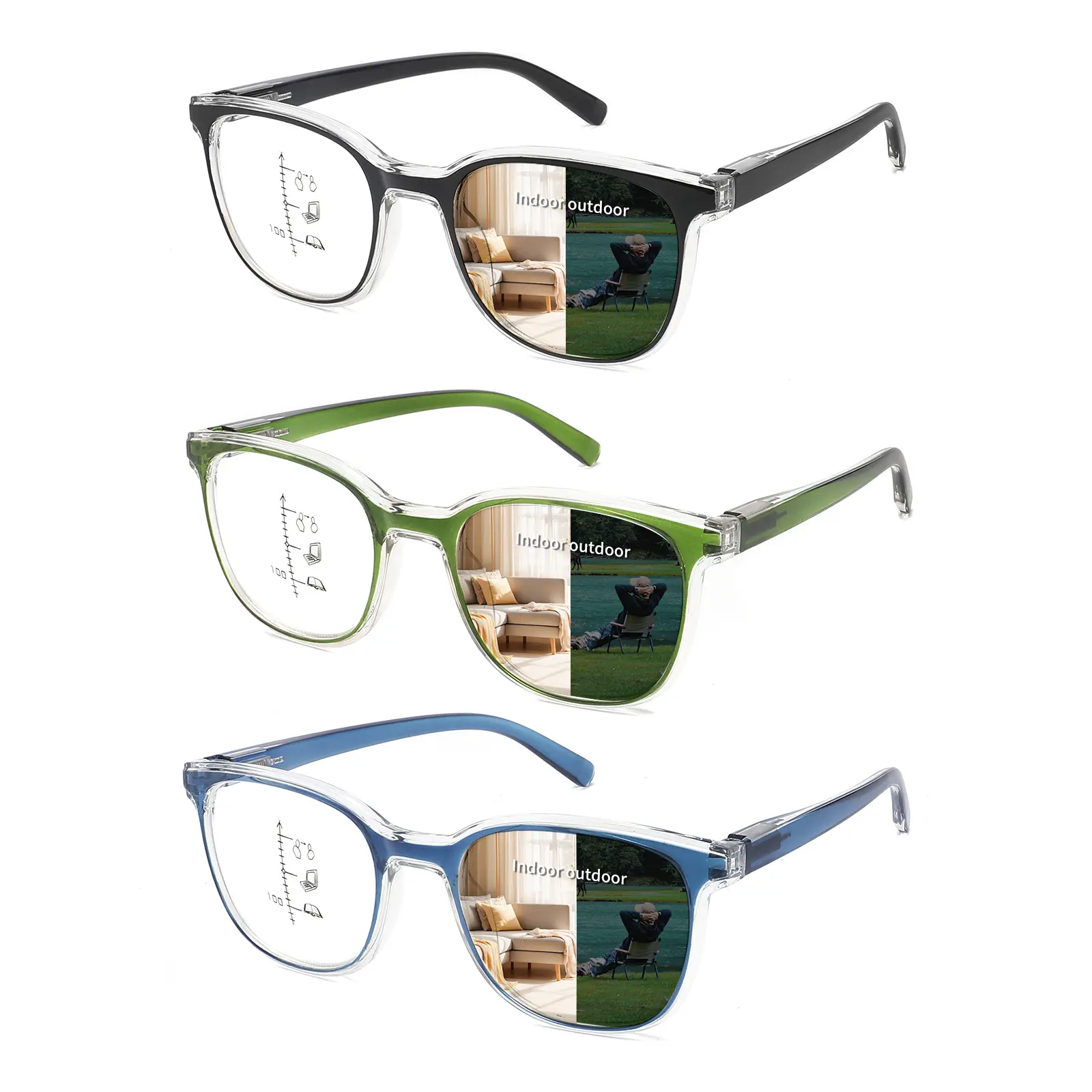 Toveen Unisex Photochromic Multifocal Reading Glasses - Large Square PC Frame, No-Line Trifocal, Blue Light & UV Blocking HD Clear Lens, Elastic Spring Hinges, Durable Fashion Computer Eyewear