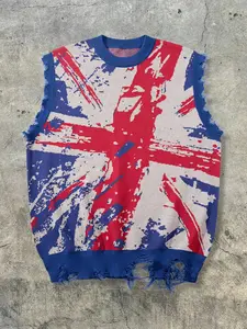 Vintage distressed British flag graffiti ripped raw-edge sleeveless knit vest — trendy street-style casual top