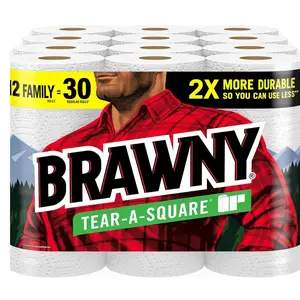 Brawny Tear-A-Square Paper Towels, 12 Family Rolls = 30 Regular Rolls, 2X More Durable*, 3 Sheet Sizes, Strong and absorbent extra-large roll