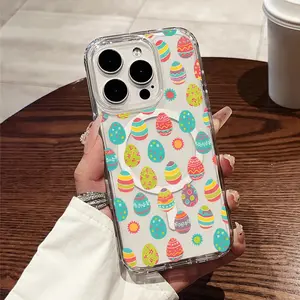 Vibrant Easter Egg Design Featuring Flowers And Dots on a Printed Phone Case, Made of Transparent Acrylic with Magnetic Shockproof Hard And Ring, Compatible with Wireless Charging FOR iPhone 17 E Air Pro ProMax iPhone16 15 14 Plus 13 12 11 X XS XR