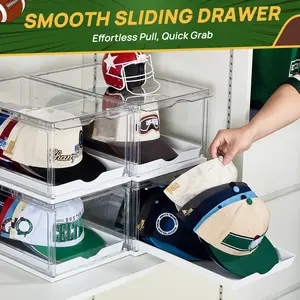 Vtopmart 2-4 Pack Hat Organizer for Baseball Caps, Clear Hats Holder Box with Drawer, Large Cap Storage with Sliding Tray, Stackable Rack Display Case with Magnetic Door, Each Holds 12 Hats, Father‘s Day Gifts ideas summervibes outdoorfun