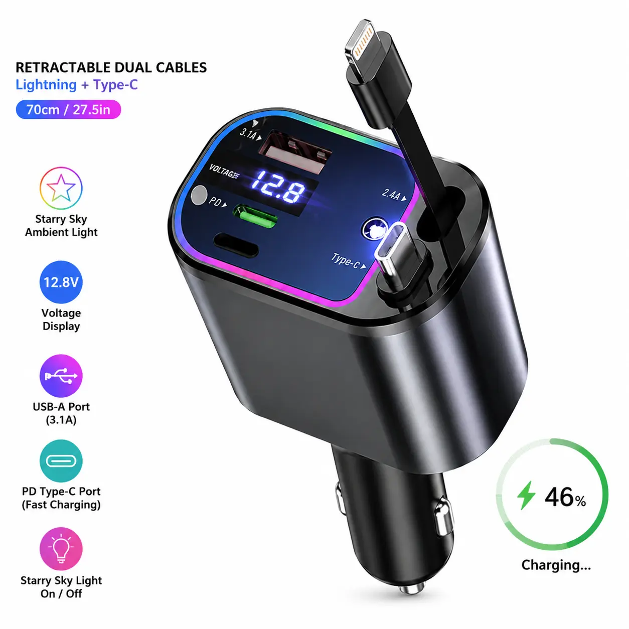 5-in-1 Retractable Car Charger | Built-in 70cm Lightning & USB-C Cables PD Fast Charging Car Adapter, Starry Sky Projection Light & Voltage Display For iPhone Android
