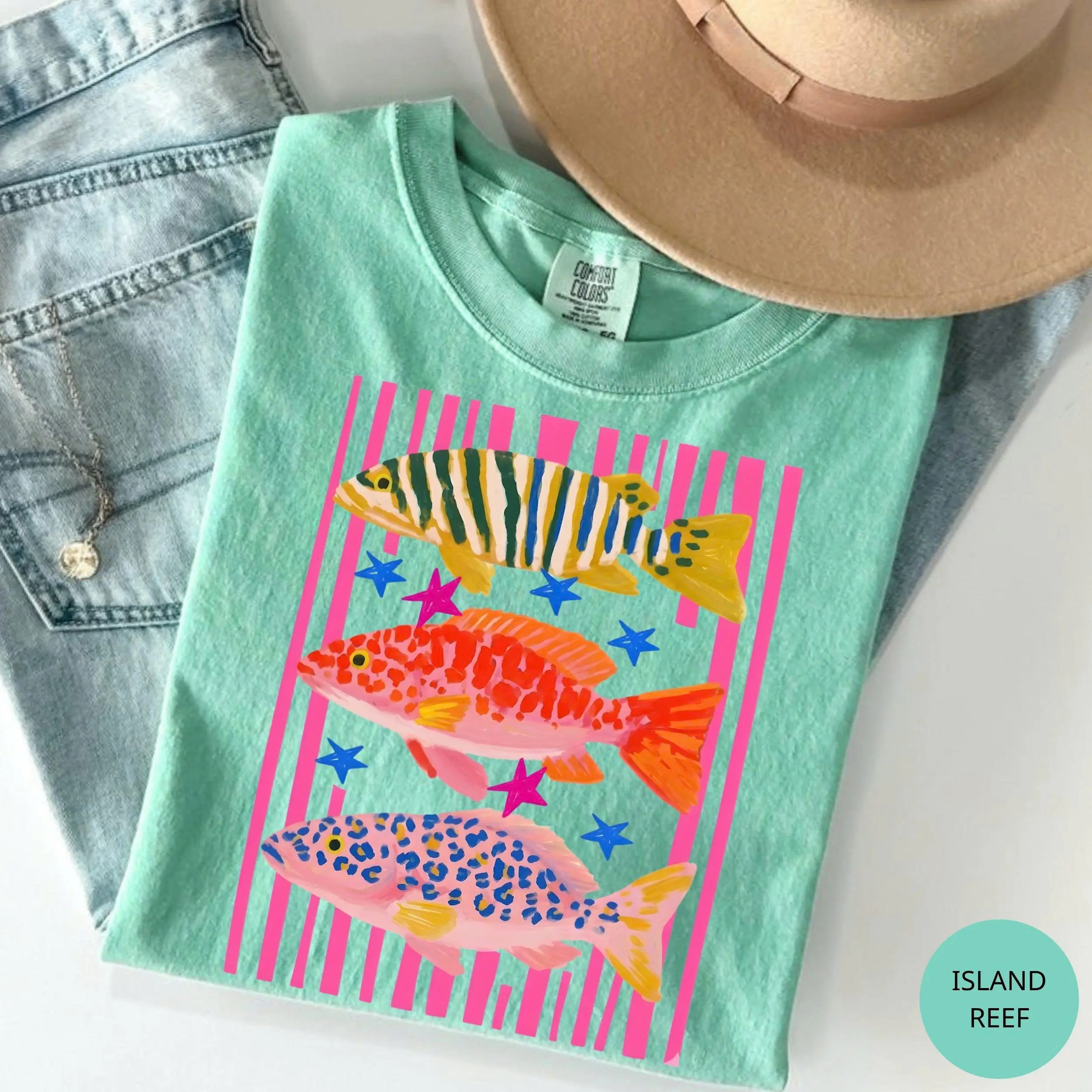 Comfort Colors Colorful Fish Shirt, Coastal Beach Vacation Tee, Pink Striped Ocean TShirt, Tropical Summer Gift