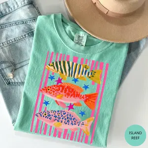 Comfort Colors Colorful Fish Shirt, Coastal Beach Vacation Tee, Pink Striped Ocean TShirt, Tropical Summer Gift