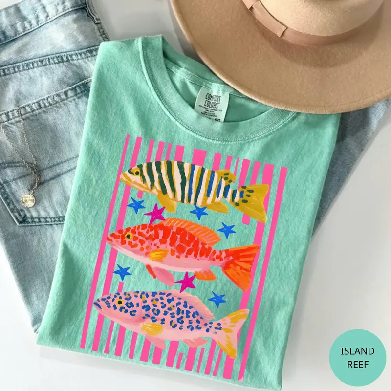 Comfort Colors Colorful Fish Shirt, Coastal Beach Vacation Tee, Pink Striped Ocean TShirt, Tropical Summer Gift