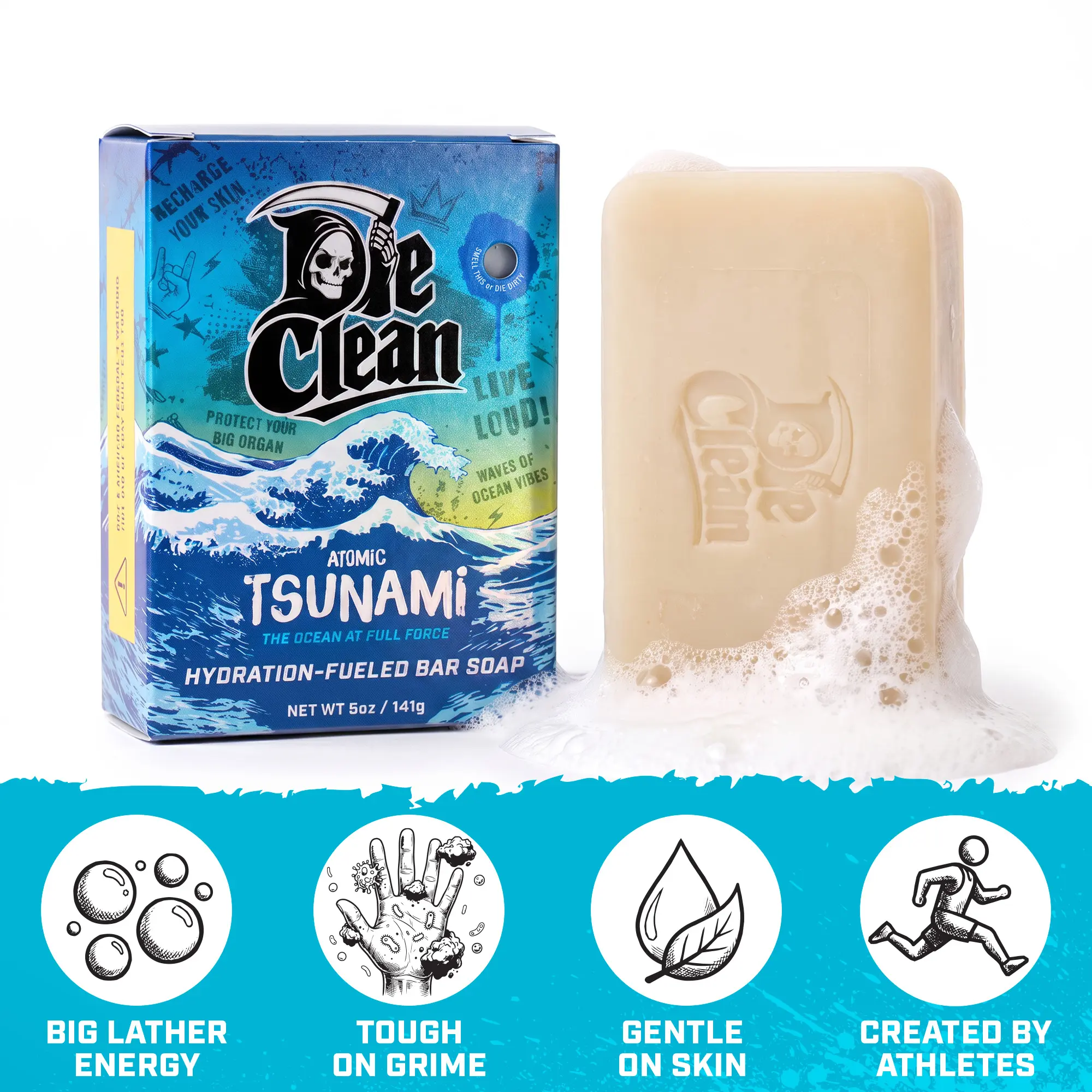 Die Clean | Mens Hydration-Fueled Bar Soap | Hydration Soap | Mens Moisture Repair Care |  Skincare for Men | Cleansing Moisturizer Bar | Atomic Tsunami | Unscented | Choose your fragrance |