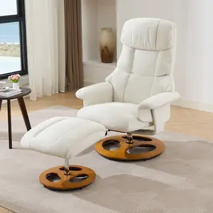 Ergonomic Recliner Chair with Ottoman, Modern 360° Swivel Lounge Chair with Footstool, Chenille Fabric, 5 Point Vibration Massage, Seat Heating & 140° Adjustable Backrest for Home or Office, White